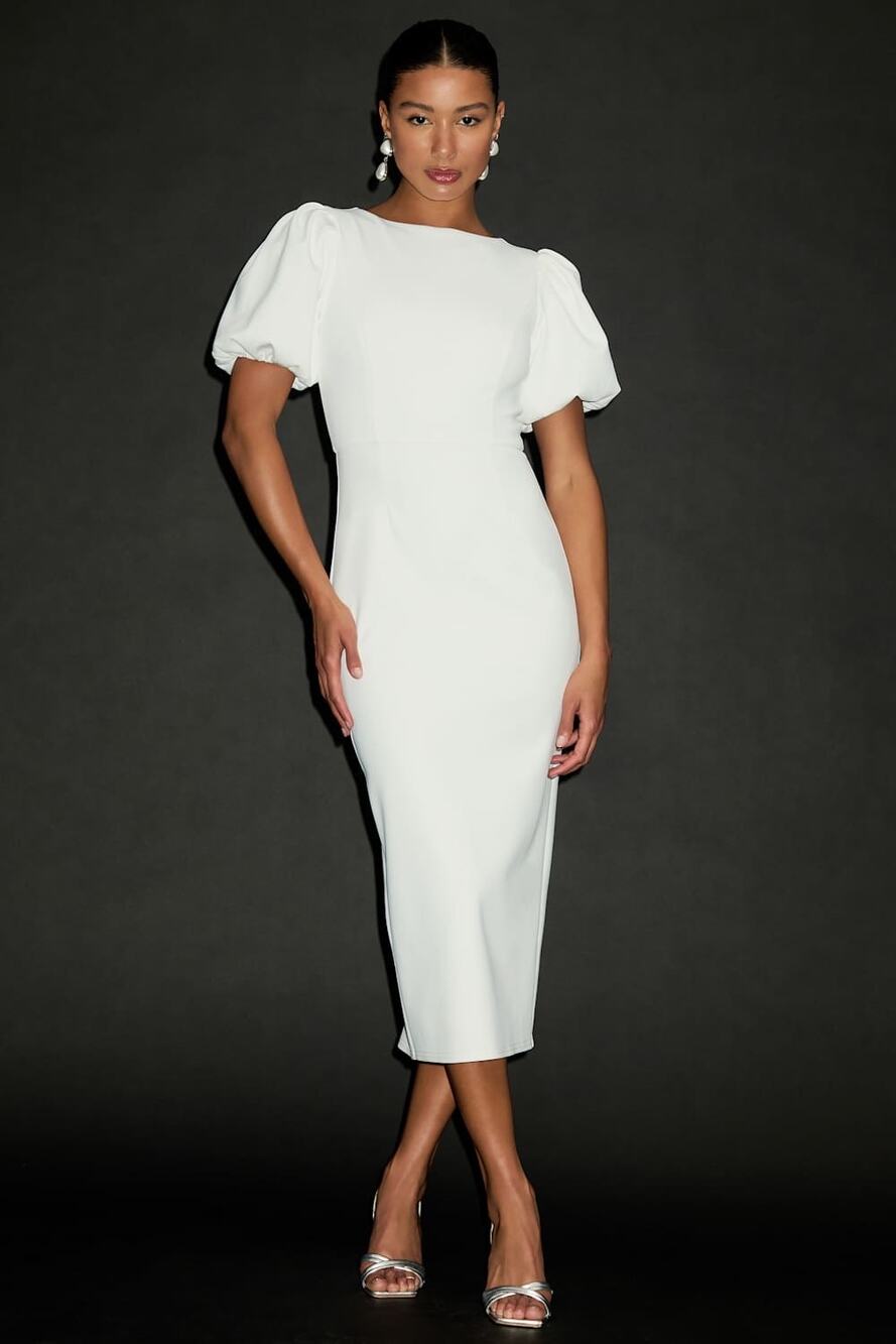 NWOT Lulus Simply Beloved White Puff Sleeve Bodycon Midi‎ Dress Party Size S